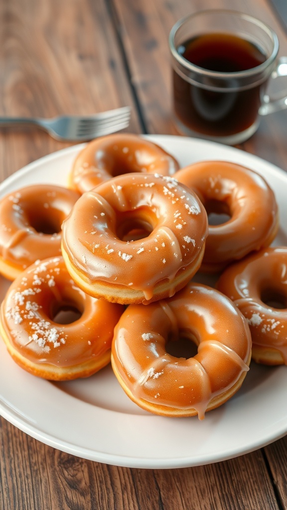 Classic Glazed Donuts Recipe A plate of golden glazed donuts with a shiny coating, served with a cup of coffee on a rustic table.
